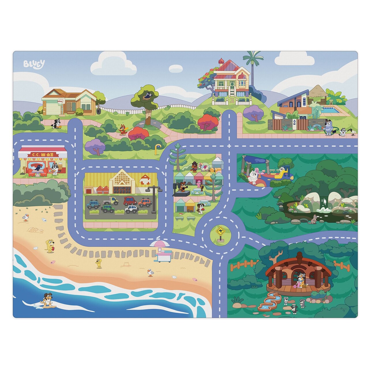 Imaginmat: Jumbo - Bluey - Floor Playmat & 2 Toy Cars, 47 x 61", 2 Character Vehicles, Durable EVA Foam Mat, Portabe Design, Licensed, Kids Ages 3+